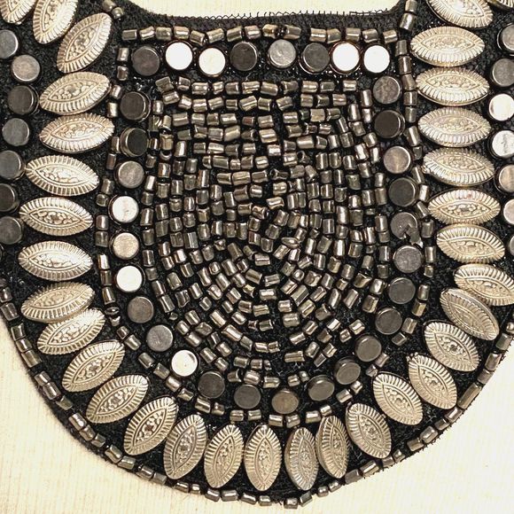 Egyptian Revival Style Beaded Collar Marquise Discs Cylinders Silver Tone Black - Picture 4 of 14